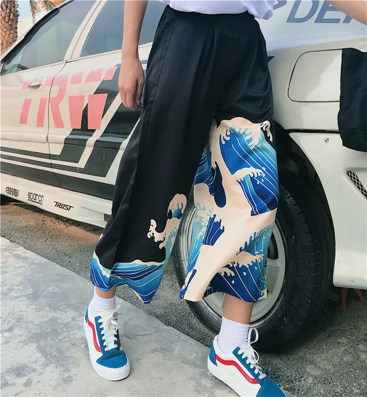 

Woman Japanese Harajuku Kimono Pants Wide Leg Trousers Japanese Crane Wave Print Casual Elastic Leisure Loose Harem Trousers