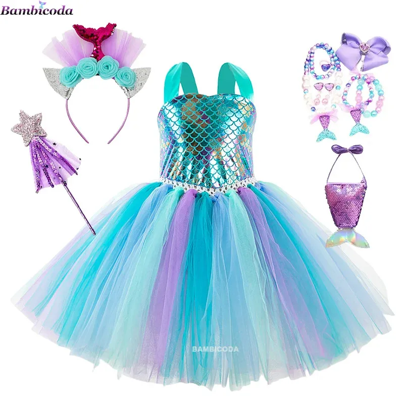 Sky01 Meninas Pequena Sereia Ariel Princesa Vestido GirlsTutu Vestido de Joelho Crianças Aniversário Halloween Carnaval Festa Cosplay MermaidWd01 @
