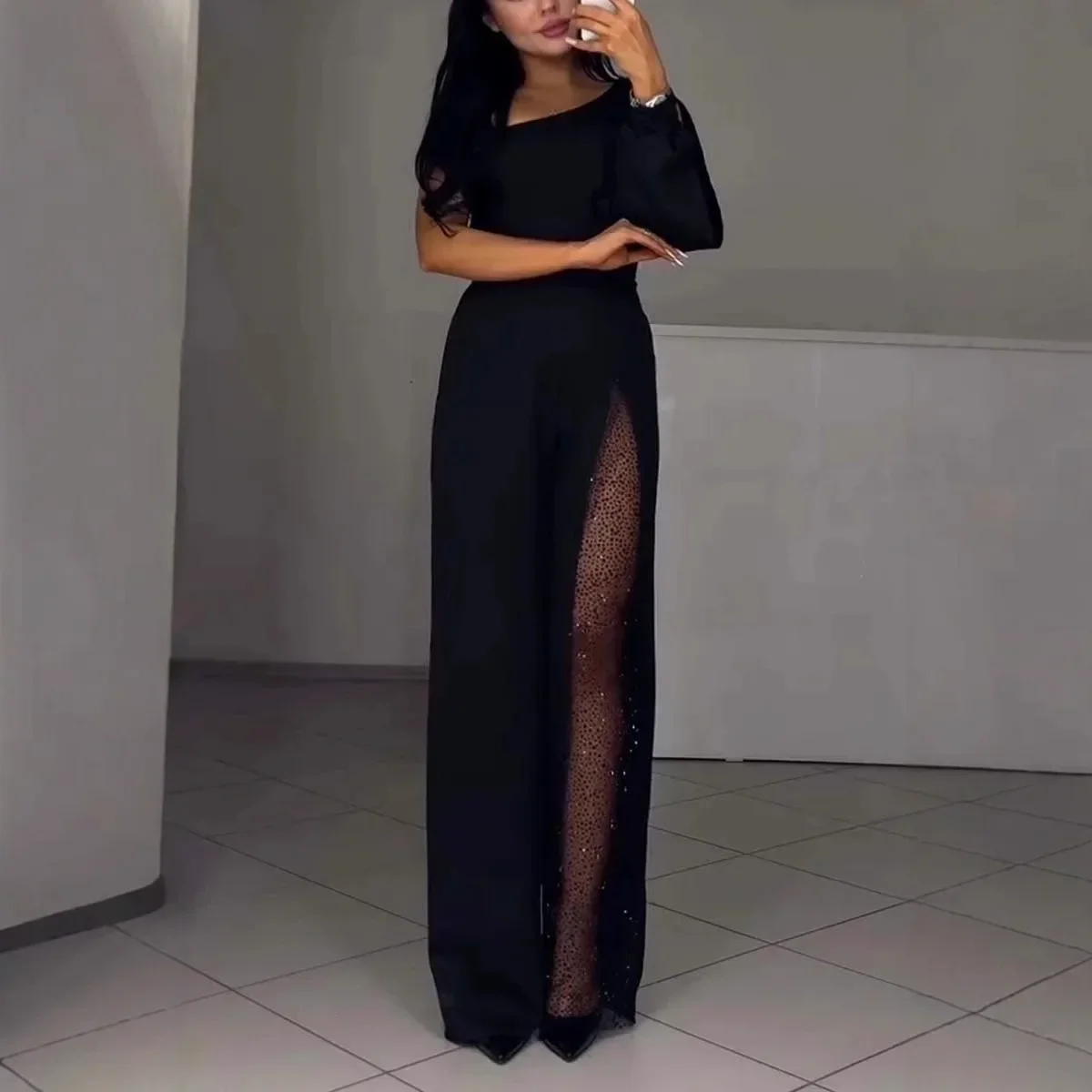 

Women One Shoulder Sleeve High Split Overall Pants Jumpsuit High Waist Solid Color Full Length Pants