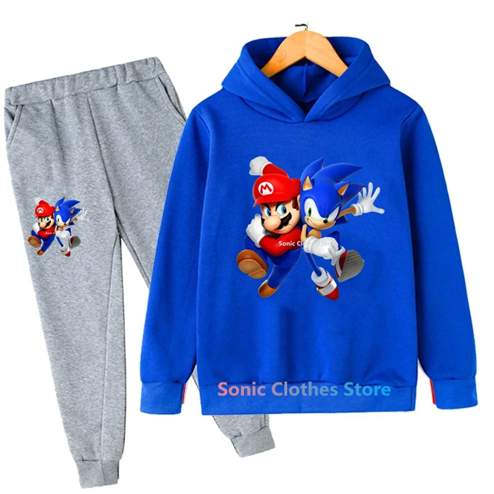 Nowe ubrania dla dzieci chłopcy dziewczęta Sonic bluza z kapturem zestaw 2 szt. Zestawy wiosna jesień maluch Cartoon z kapturem + spodnie dres 3-14y