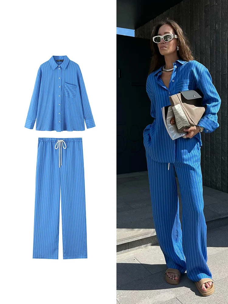 TFMLN Frauen Mode Streifen Hose Set Frühling Sommer Casual Tasche Langarm Bluse Top Gerade Spitze Up Hosen Blau Chic Anzug