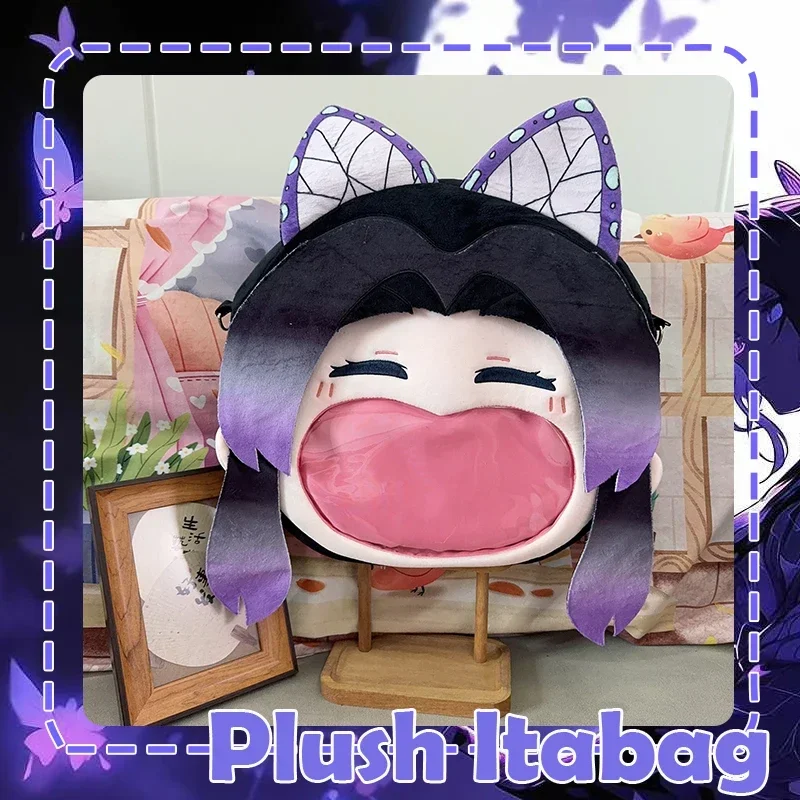 Anime Kochou Shinobu Cosplay bolso de felpa cara risa transparente Itabag dibujos animados mochila Casual diaria púrpura bolso de hombro tipo bandolera