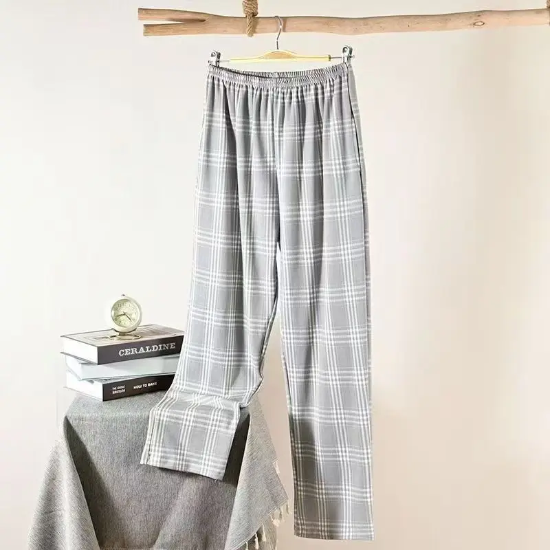 Casual Loose-Fitting Spring and Autumn Plaid Pajama Pants for Middle-Aged and Elderly Men, Versatile Elastic Waistband Thin Summer Home Air-Conditioned Lounge Pants