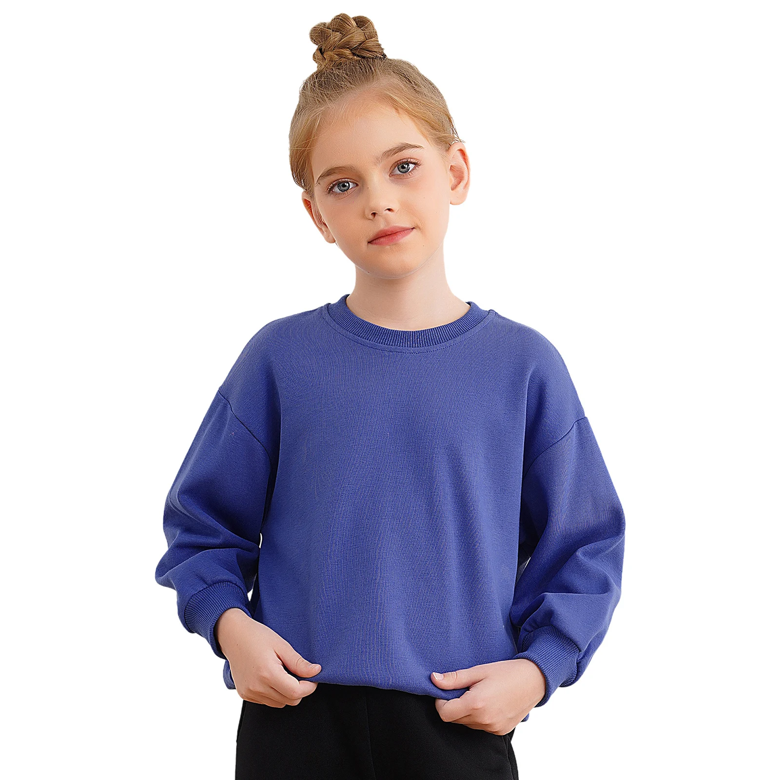 

Unisex Kids Long Sleeve Shirt Basic Solid Color Crew Neck Sweatshirt Girls Boys Cotton Top for Skateboarding Camping Traveling