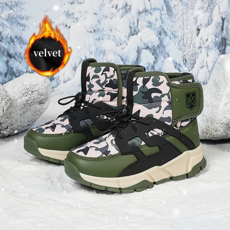 

Зимние бархатные зимние сапоги, детские камуфляжные плюшевые сапоги для девочек и мальчиков, хлопковые сапоги, уличная теплая детская спортивная обувь с высоким берцем