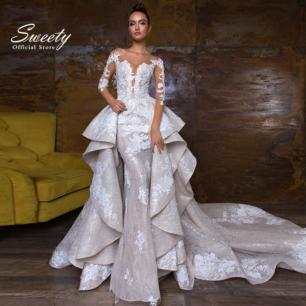 Vestido de casamento com trem destacável, renda bordada com lantejoulas, sereia, vestido de baile, manga completa, gola redonda, personalizado