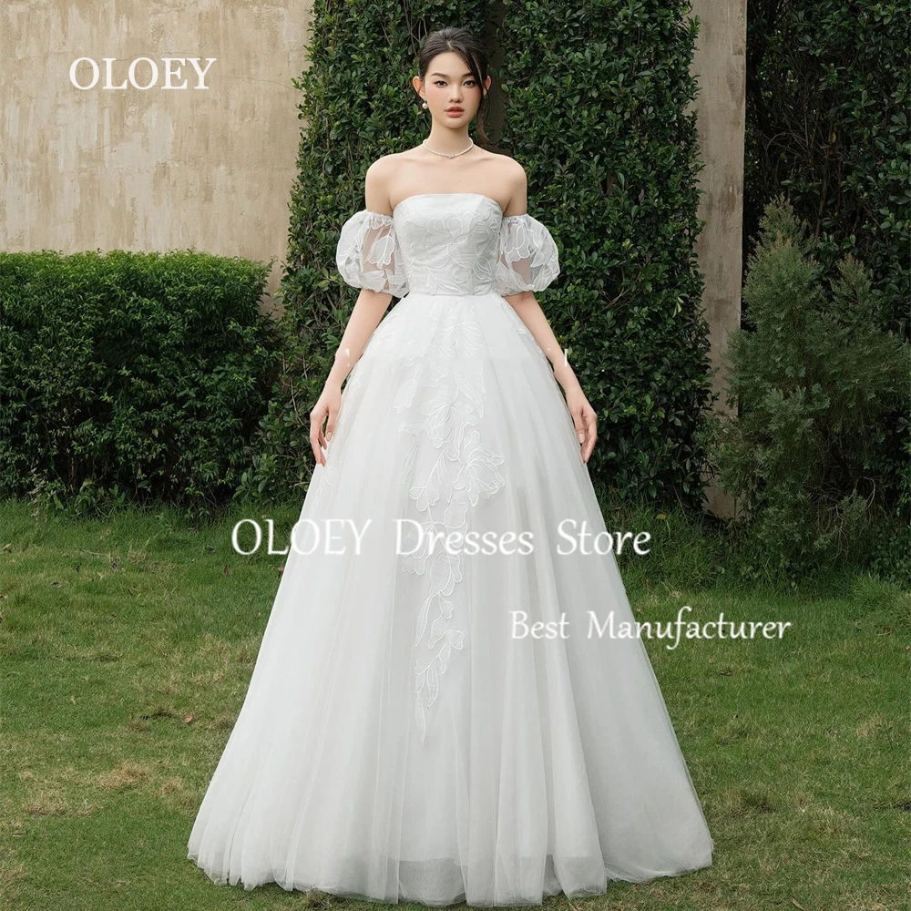 

OLOEY Elegant Ivory Strapless A Line Wedding Dress Korea Photoshoot Soft Tulle Long Bridal Gown With Detachable Sleeves Corset