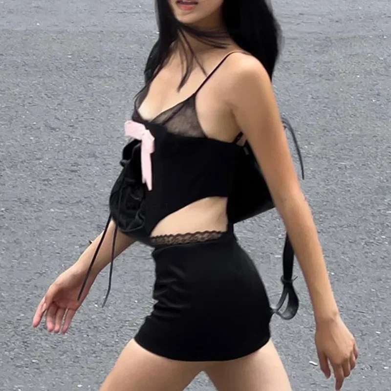 Retro musim panas gadis pedas atasan Sling seksi dengan renda renda Edge bungkus pinggul rok pinggang tinggi hitam Y2K klub pesta dua potong Set YDL51