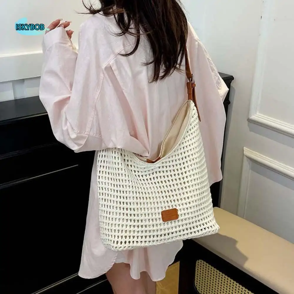 

Сплошной цвет, повседневная вязаная крючком сумка-тоут с магнитной кнопкой, полая тканая сумка в корейском стиле, полиэстеровая вязаная сумка на ремне, летняя сумка