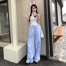 QWEEK Blue Stripe Wide Leg Pants Korean Style Thin High Waist Trousers Loose Casual Pantalones Summer Y2k Clothing