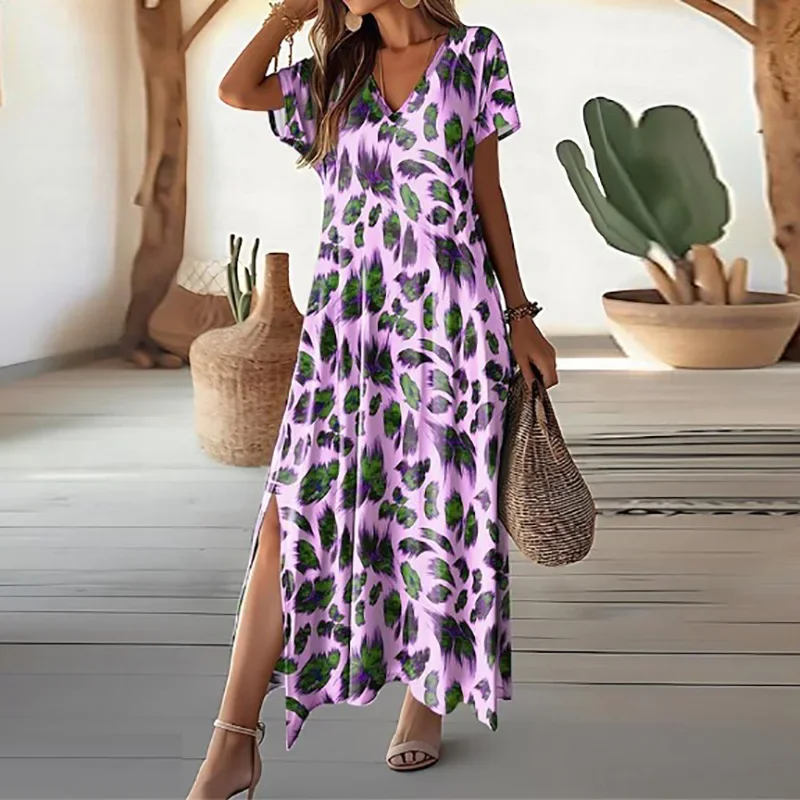 Summer Maxi Dresses For Women Casual Short Sleeve Vintage Print Long Dress Women Loose Beach Party Dress Boho