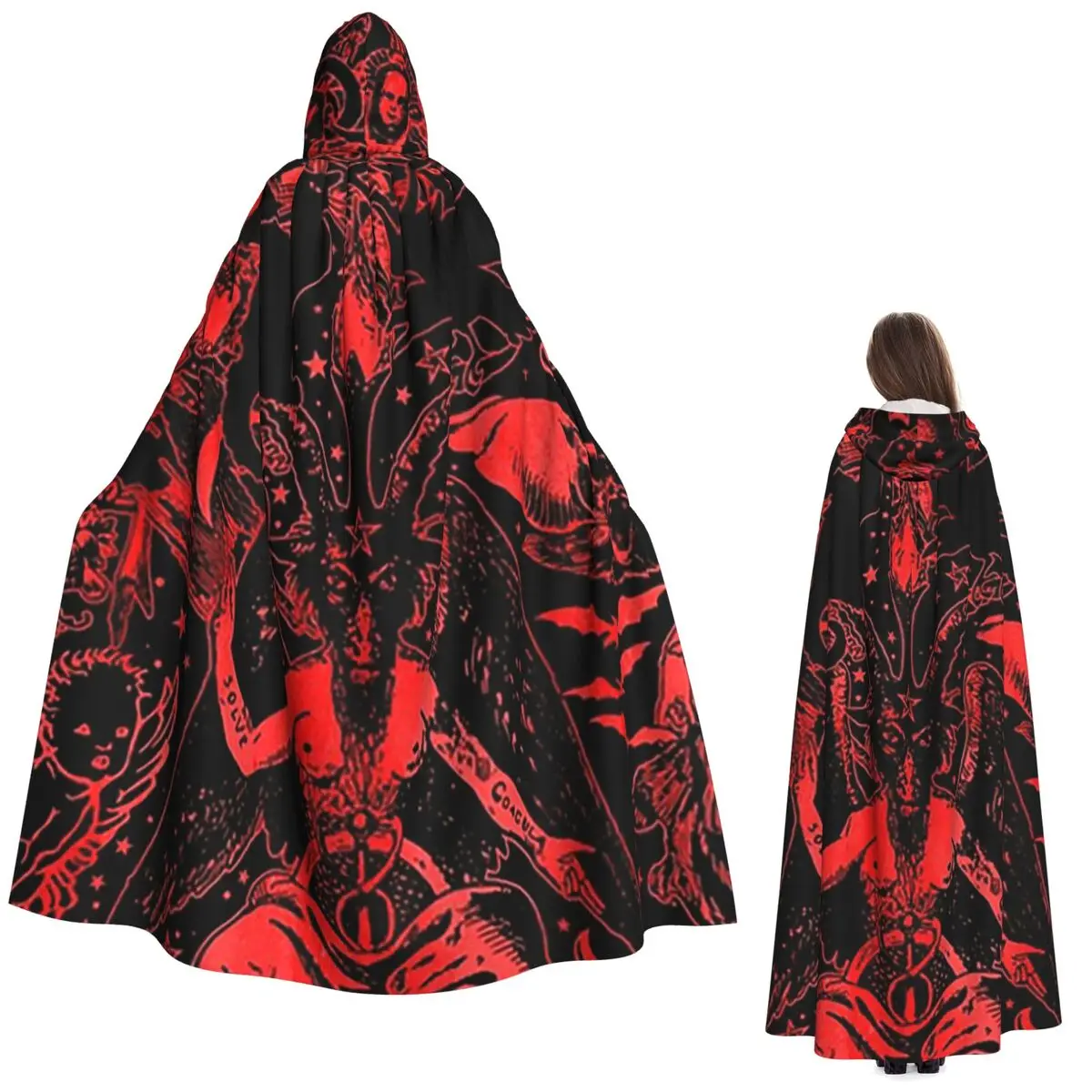 赤い五芒星バフォメットオカルト悪魔ロングフード付きマント魔女中世コスチュームコスプレケープハロウィンヴァンパイア大人ユニセックス