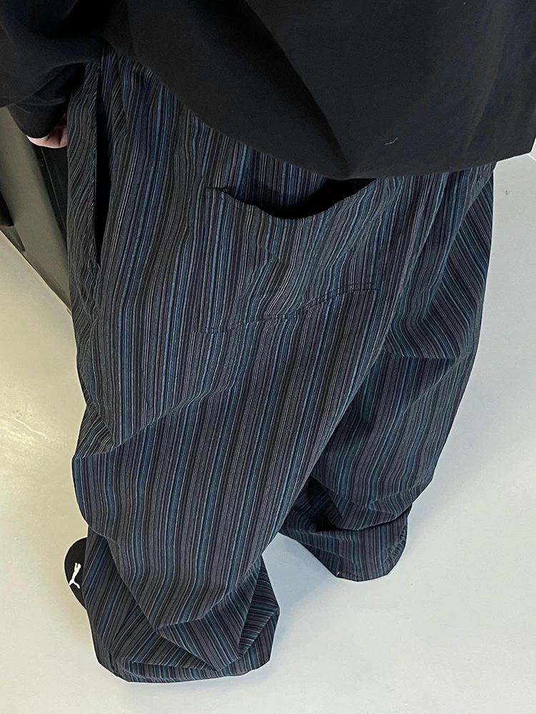 Autumn American vintage Black and Blue Vertical Stripes Curved Knife Wide-Leg Pants Loose All-Match Ankle-tied Mopping Pants ...