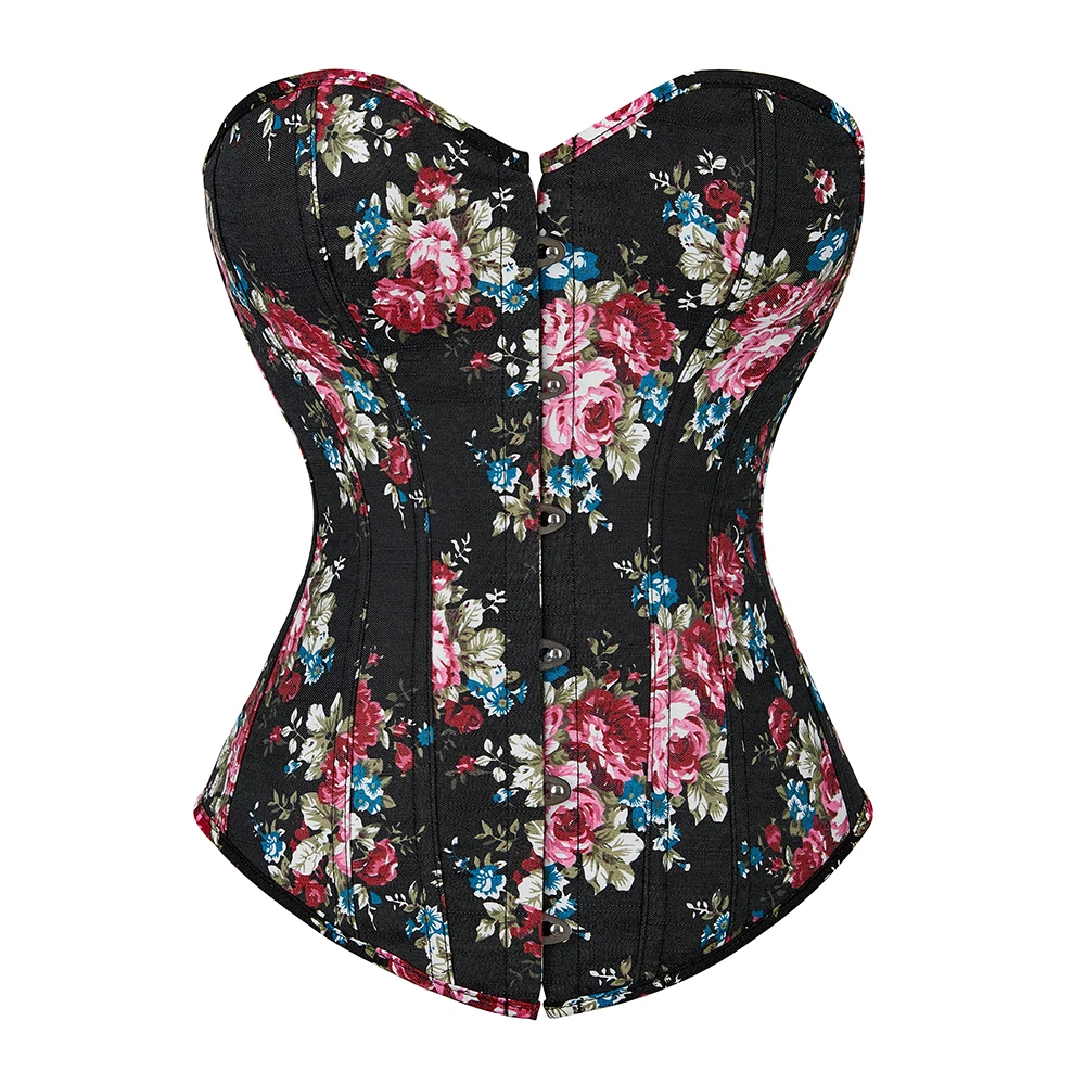 Vintage Korset for Women Blue Denim Bustier Top Overbust Floral Printed Corset Fashion Corselets