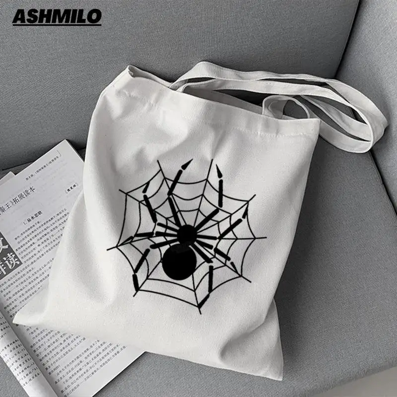 Kawaii Y2k Spider Web Canvas Tote Bag Eco Shopping Bag Shoulder Bag Women Female Foldable Shopper Bag