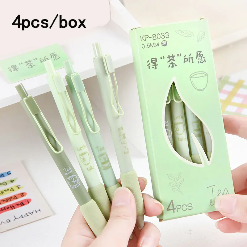 

4Pcs/box Green Tea Series 0.5MM Gel Pen For Students Soft Touch Writing Pen Black Refill Stationery Office School Supplies