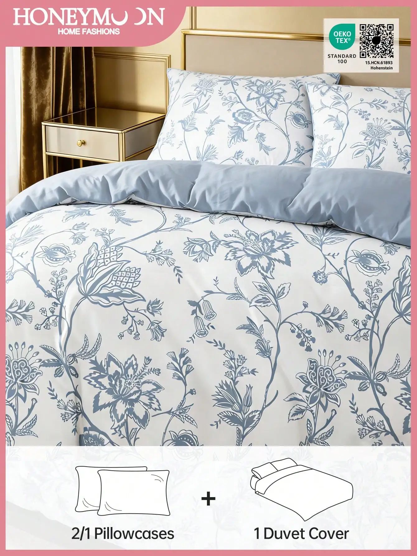 

Комплект постельного белья с цветочным принтом и 2 наволочками, из мягкой дышащей ткани, сертифицирован Oeko-Tex