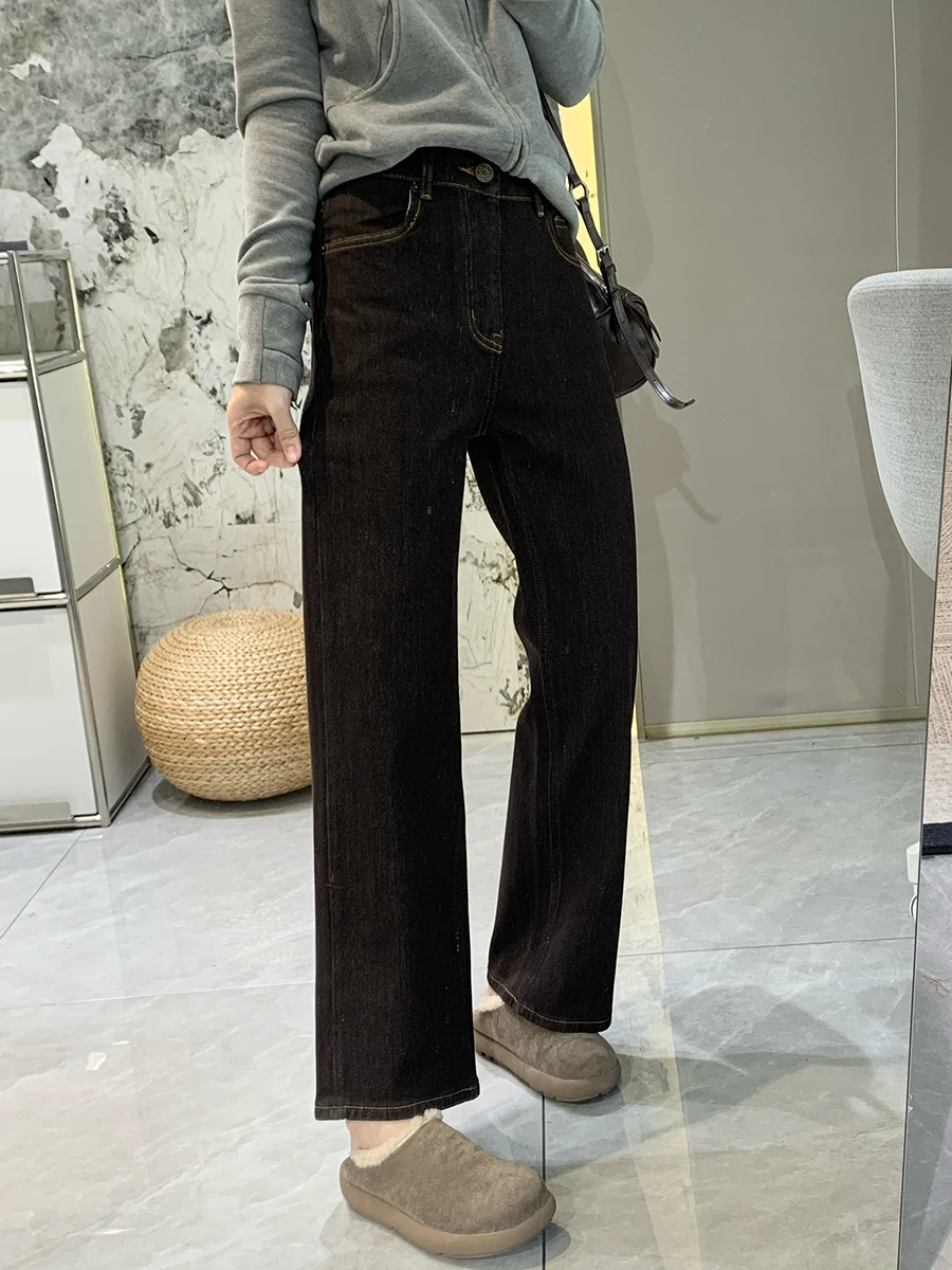 

Женские джинсы с высокой талией, прямые, на флисовой подкладке, утепленные, осенне-зимние, облегающие, теплые, из денима, укороченные, больших размеров