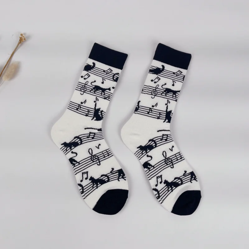 1 Pair Dancing Cat And Music Notes Pattern Mid-Calf Socks，Breathable Cotton Blend, Fashionable Couples\' Crew Socks