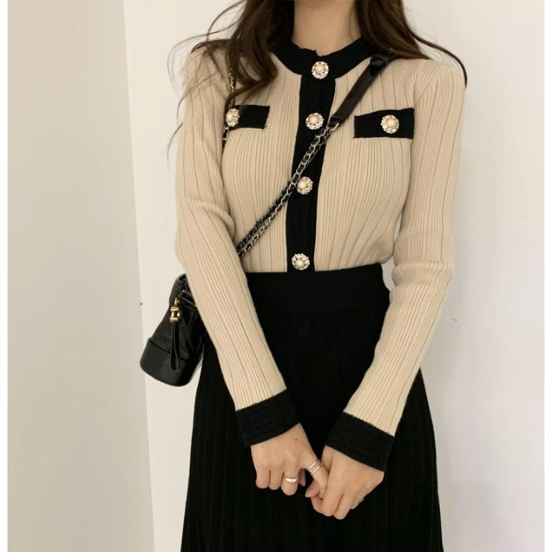 Women's Knitted Suit Long Sleeve Single Breasted Cardigan Sweater and A-line Midi Skirt Ladies Two Piece  Set Outfits G669