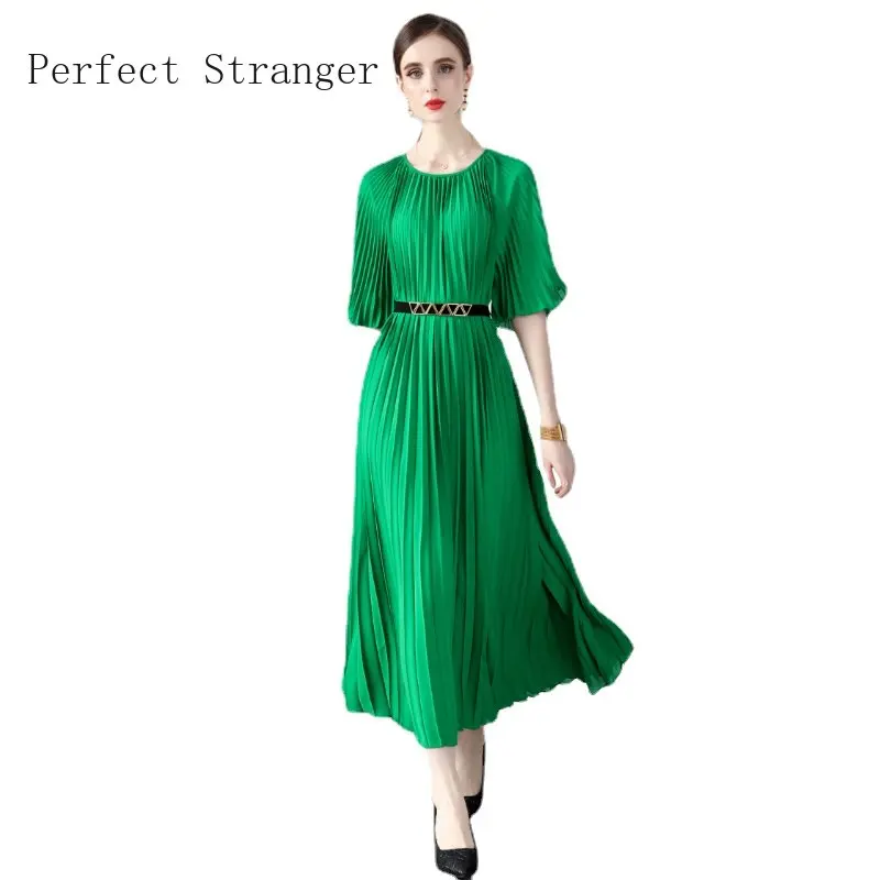 2024 Miyake New Summer Pleated Long Dress Women O-Neck Lace-up Belt Solid Loose Large Size Splicing Vintage Slim A-Line Dress