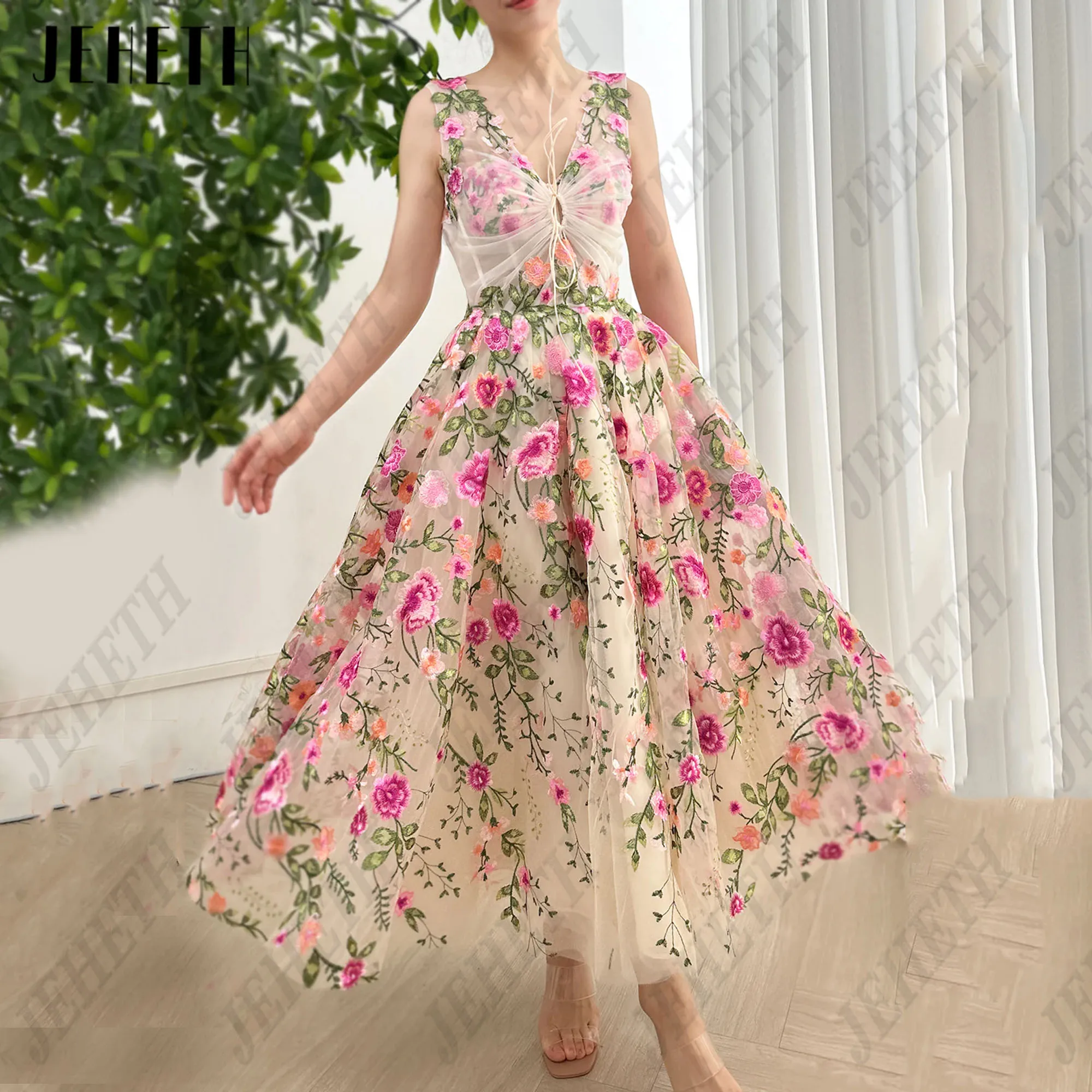 

JEHETH Embroidery Lace Prom Dress A-Line Sleeveless Floral Print Elegant Evening Gown For Woman Backless V-Neck vestidos de gala
