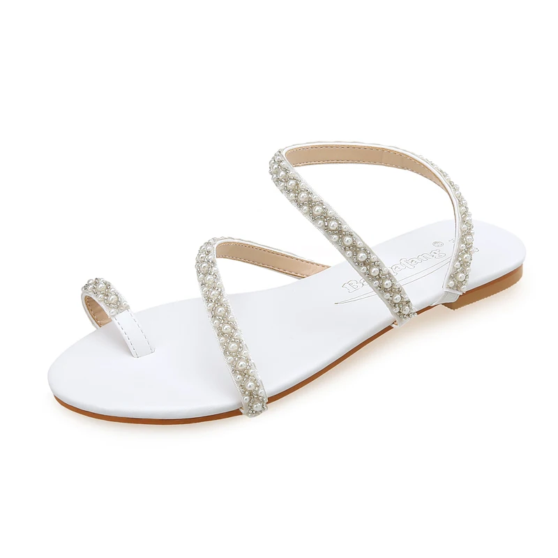 2024 Summer Pearl Beads Open Toe FLat Sandals PU Plum Blossom Soft Bottom Women's shoes White Casual Round Toe Slip on Shoes