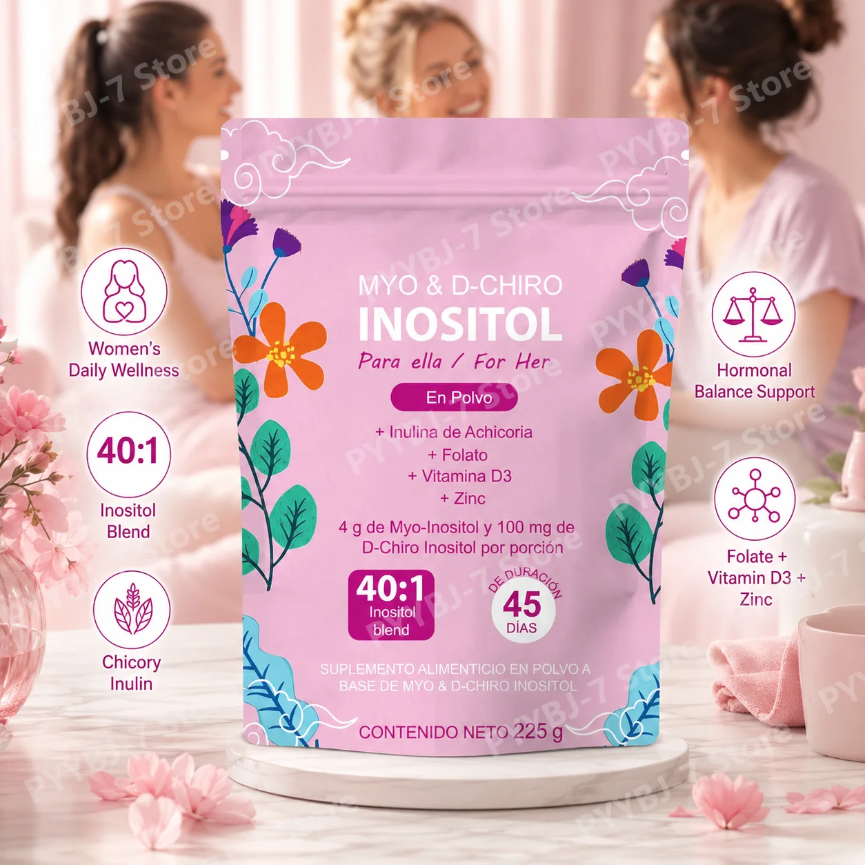 40:1 Myo D-Chiro Inositol Powder with Inulin Folate Vitamin D3 Zinc Nutritional Support for Women Hormone Balance
