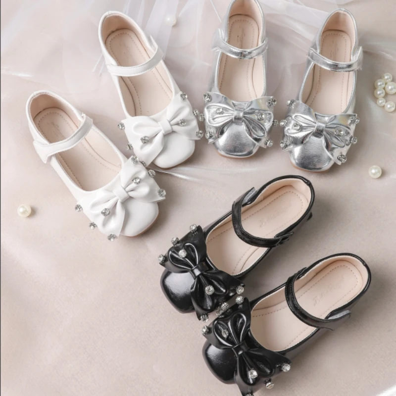 

Children's Shoes Bowknot Decor Mary Janes Flats Soft Bottom Princess Solid Color Little Kids Dance Performance PU Leather Shoes