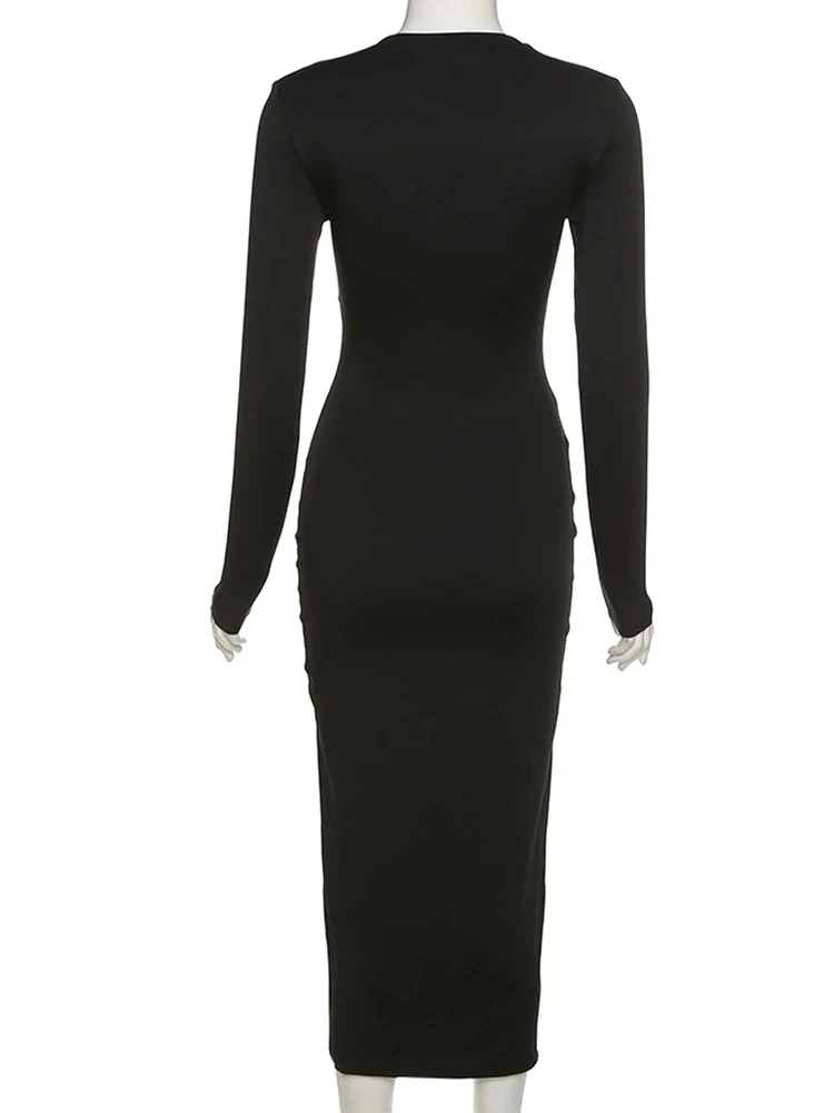 Autumn Crossed Cleavage Maxi Dress Women Concise Side Spilt Elegant Vestido Lady High Street Bodycon Slim Robe Skirt - Image 6