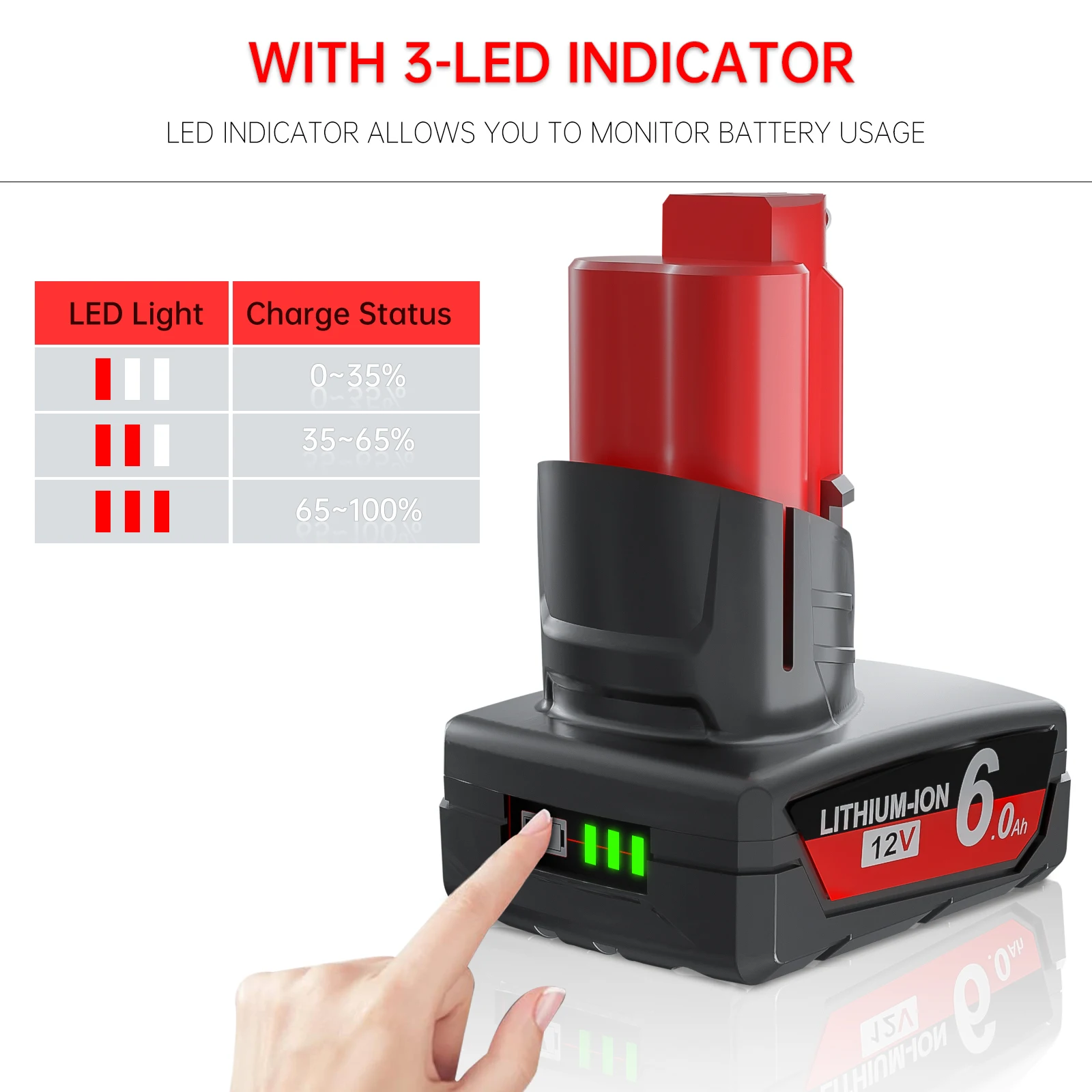 Akumulator 12V 6000mAh M12 z lampą do narzędzi bezprzewodowych Milwaukee M12 XC 48-11-2402 48-11-2411 48-11-2401 MIL-12A-LI — zdjęcie produktu 2