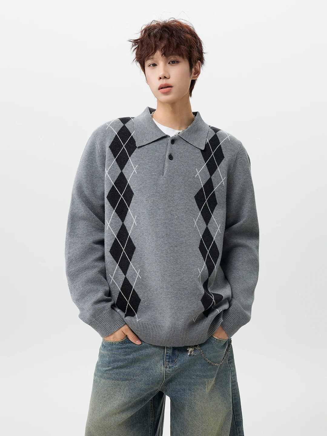 

Laoqianfeng Diamond id Collar Knitted Sweater Men's Winter New Heavy Lazy American Retro Overhead irt