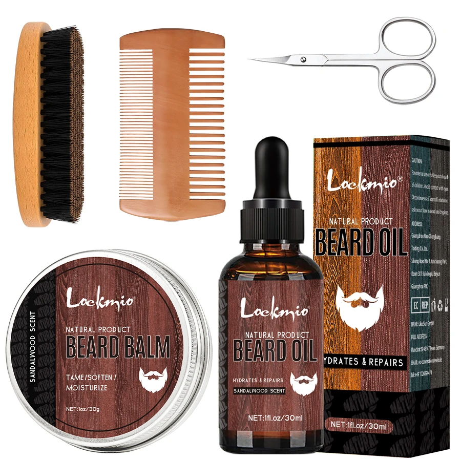 5pcs/Set Beard Growth Kit Sandalwood Scent Beard Balm Oil Moisturizing Styling Trim Care Conditioner For Men