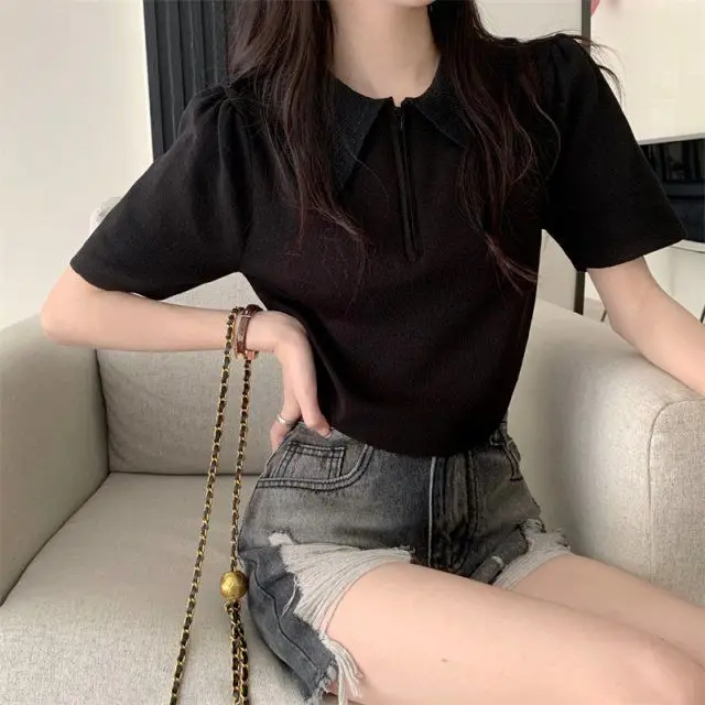 

Summmer Style Women Solid Knitted Polo Neck Pullover Tops Short Sleeve Casual Zipper V-Neck Knitted Pullover Versatile Top D581