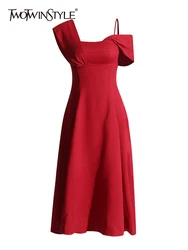 TWOTWINSTYLE Solid Minimalist Temperament A Line Dresses For Women Square Collar Off One Shoulder High Waist Slim Dress Female