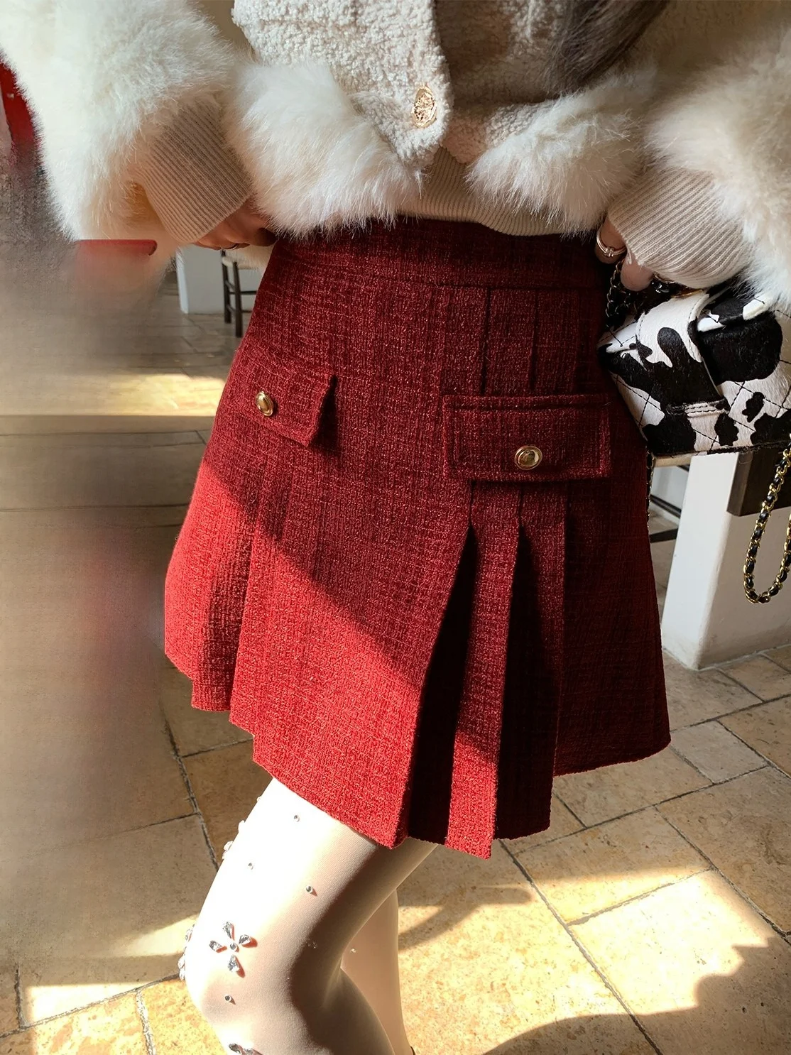 

Красная плиссированная юбка «Год Зодиака» для женщин, осенне-зимняя, стройнящая, из полиэфирного волокна Iceollo Pyk, Q2358