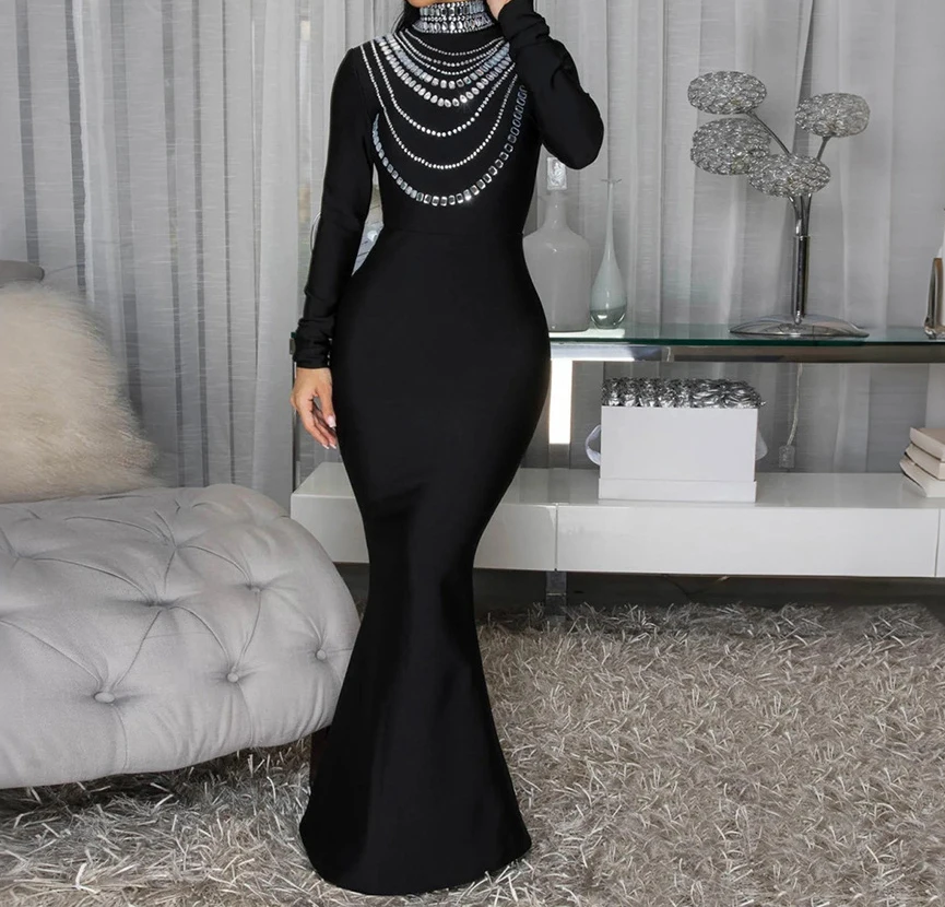 Vrouwen Hoge Split Jurken Diamanten Glanzende Pailletten Avondjurk Sexy Lange Mouw Zeemeermin Maxi Cocktail Party Prom Jurken XSY013