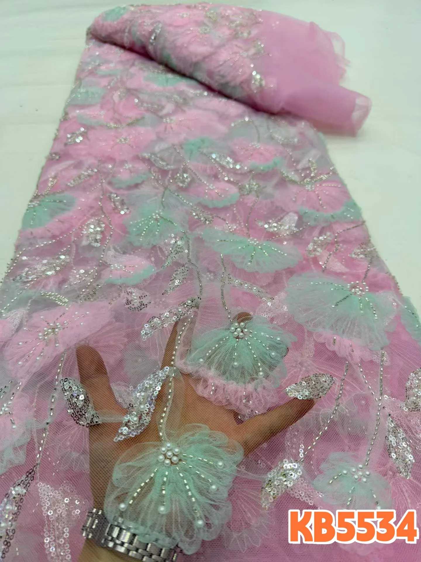 YALISI African 3d Flower Beaded Sequins Lace Fabric 2026 High Quality Pink French Mesh Tulle Lace Fabric for Party Dress KB5534 view 5