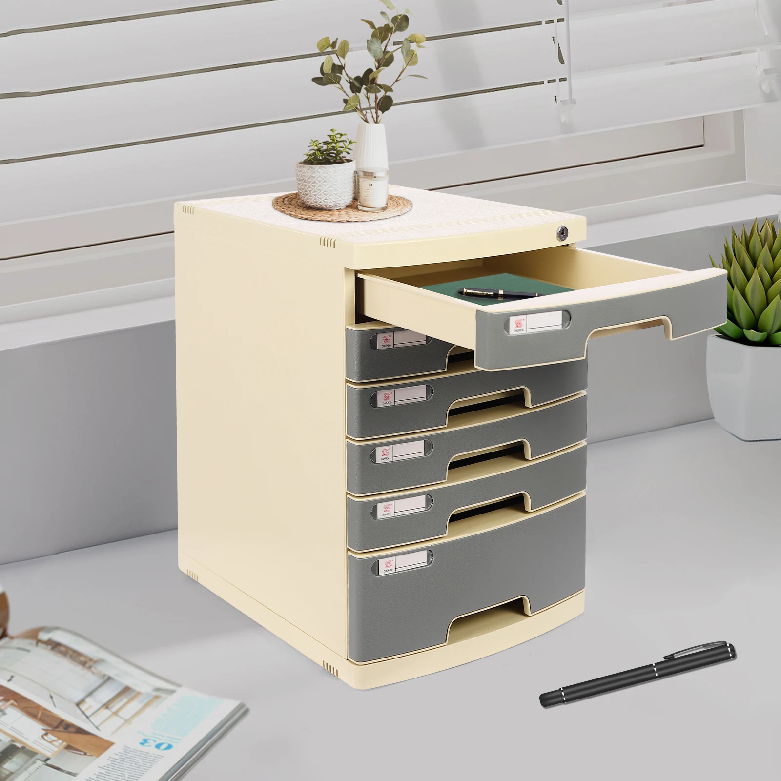 Drawer Box A4 Lockable with 6 Plastic Drawers, Document Storage Box, Desktop Storage for Desk Organiser