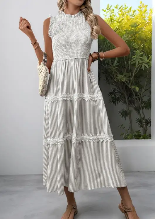 

Summer New Elegant Casual Style Striped Print Round Neck Lace with Black Fungus Edge Splicing Women's A-Line Sleeveless Dress