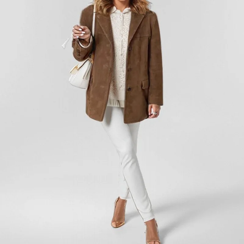 2024 Autumn Brown Suede Jacket With Lapel Woman Casual Single Breasted Pocket Long Sleeve Short Coat  Lady High Street Outwear