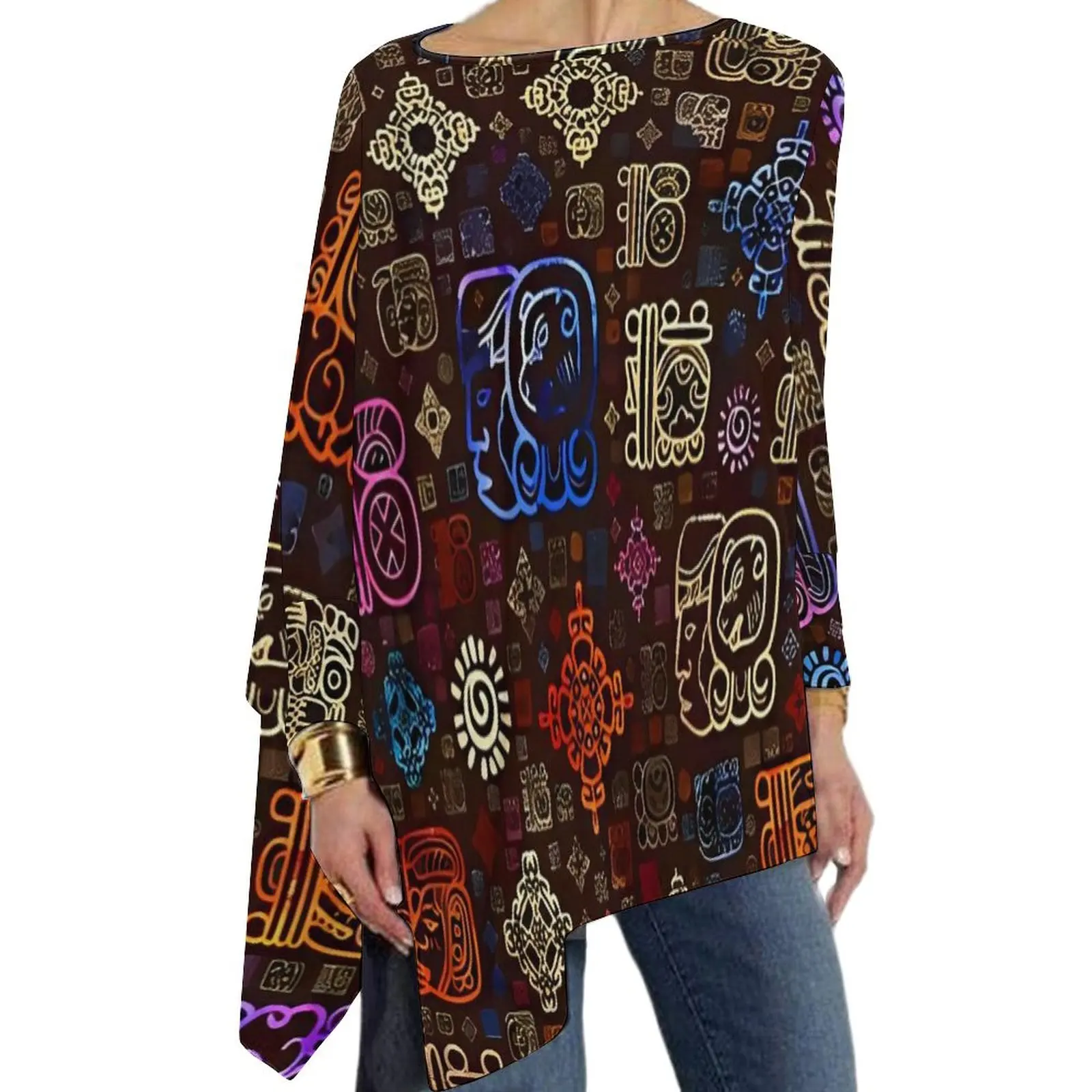 Aztec Art T Shirt Mayan Glyphs Y2K Long-Sleeve T-Shirts Women Street Fashion Tee Shirt Oversized Graphic Tops