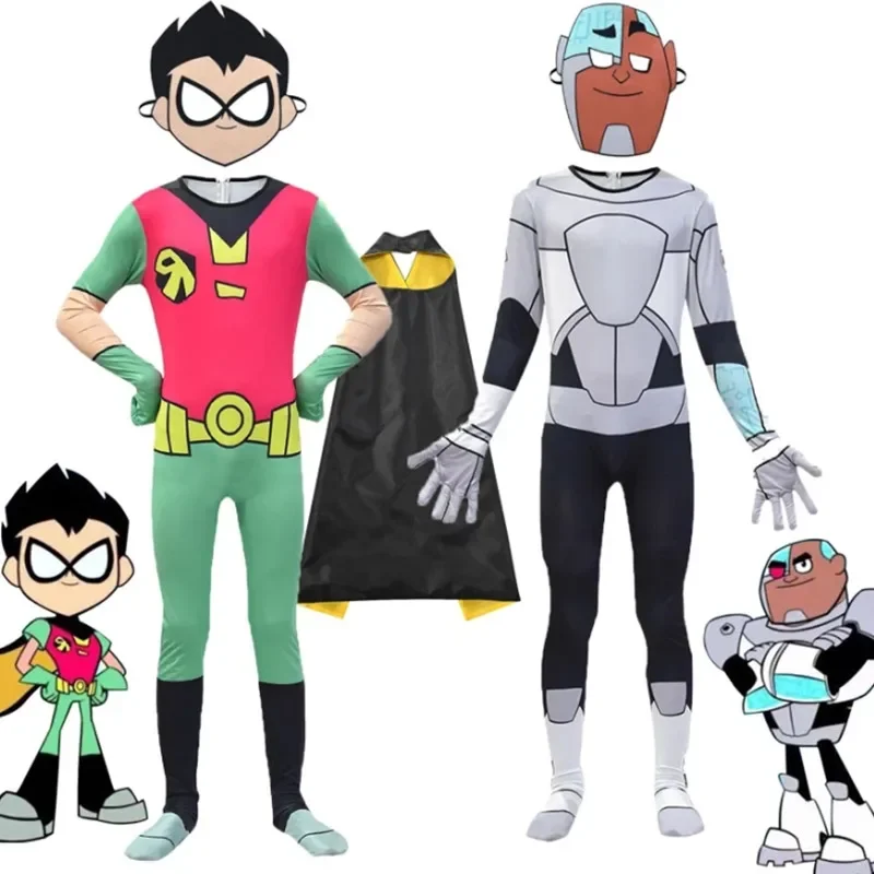 Boys Anime Funny Crazy Teen Titans Go Cyborg Robin Cosplay Costume Bodysuit 3D Child Jumpsuit Halloween Party Costume for Kids