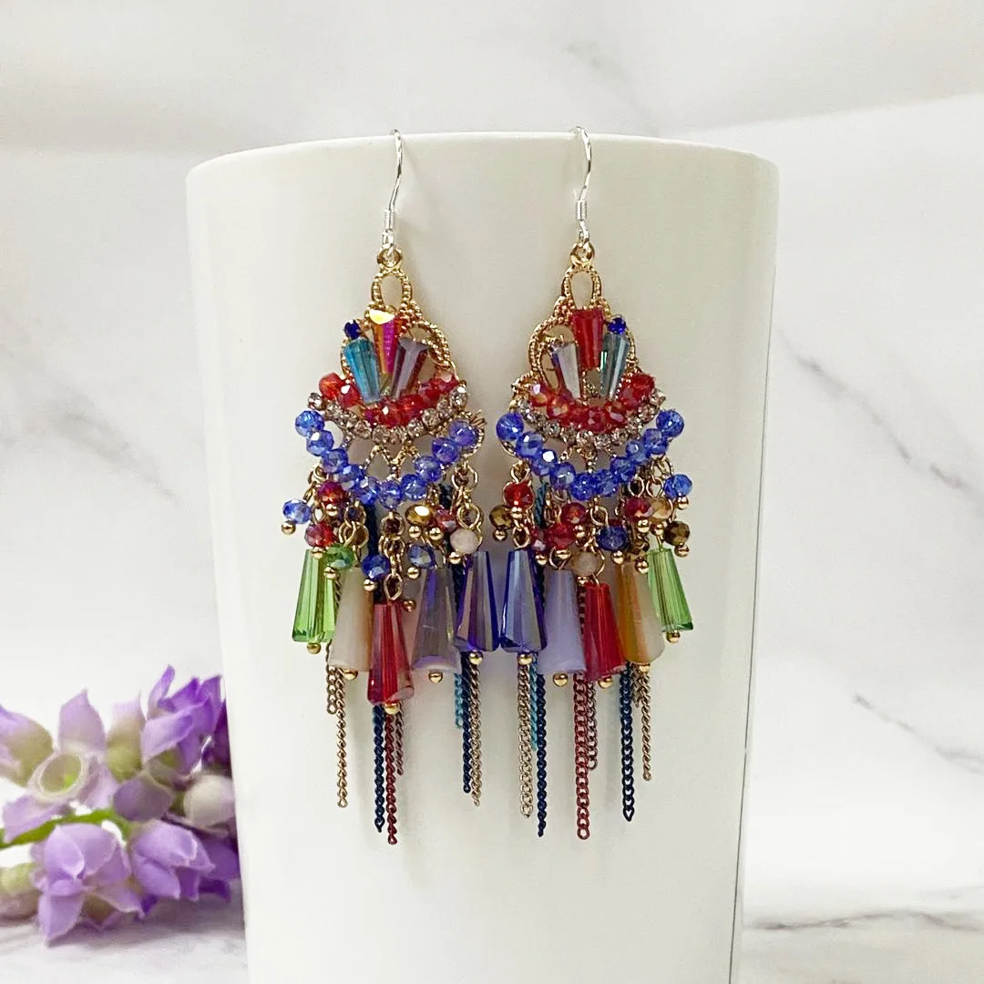 

ZGMXR Rice bead earrings Tassel Geometry Hand weaving Alloy Woman Fashion Crystal Colorful Bohemia Simple Beaded earrings
