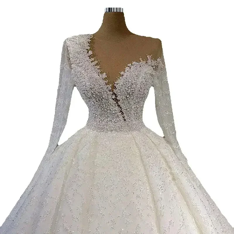 

Индивидуальные свадебные платья-бальное платье с блестящими бусинами, с шлейфом, с длинными рукавами-иллюзией, роскошные свадебные платья