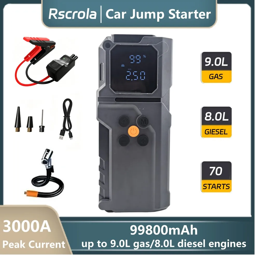 Car Jump Starter with Air Compressor, Car Emergency Power Supply 12V Portable Battery Booster Pack with USB Charging & LED Light