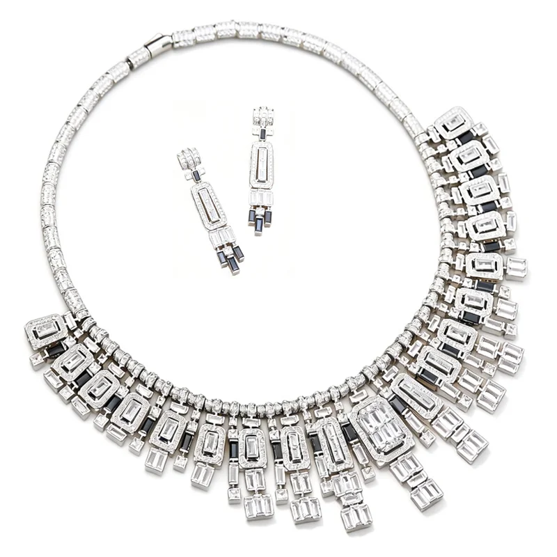 Vintage Style Earrings Necklace Women Lady Full Paved Baguette Cut CZ Black Onyx Tassels Pendant Wedding Party Jewelry Sets