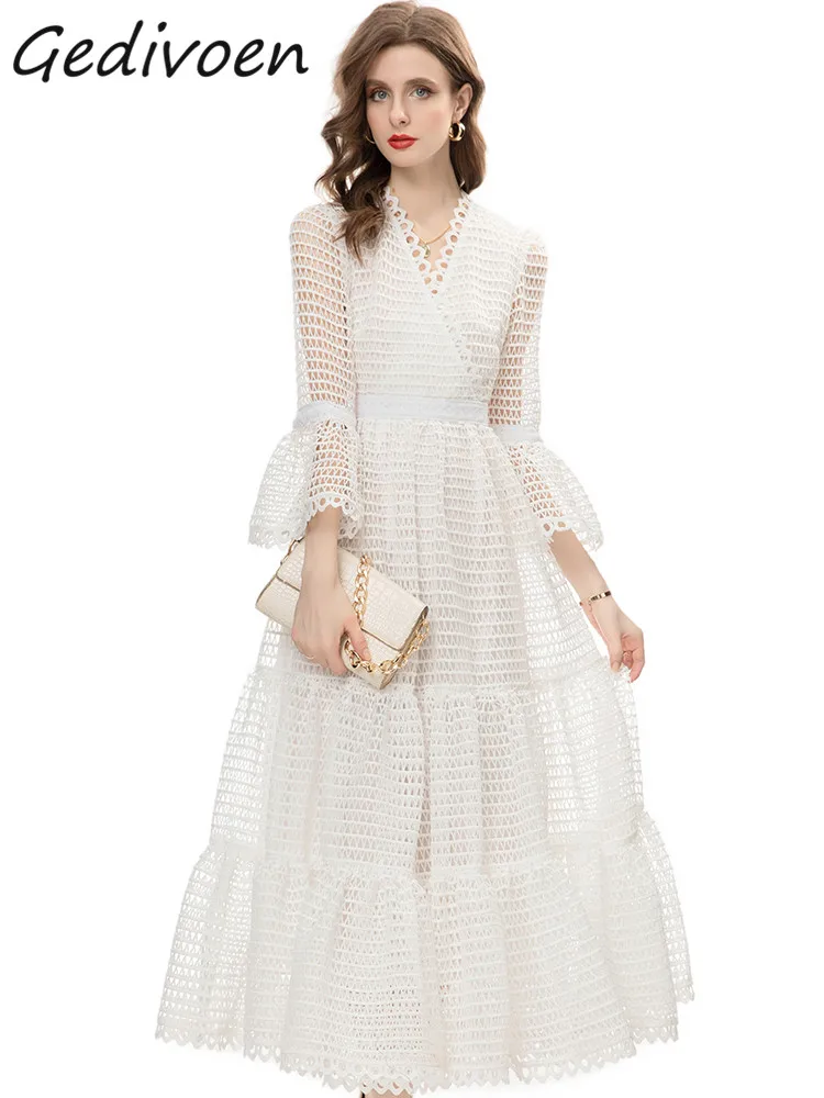 

Gedivoen Autumn Fashion Designer White Vintage Lace Dress Women Flare Sleeve Hollow Out Ruffle High Waist Slim A-LINE Long Dress