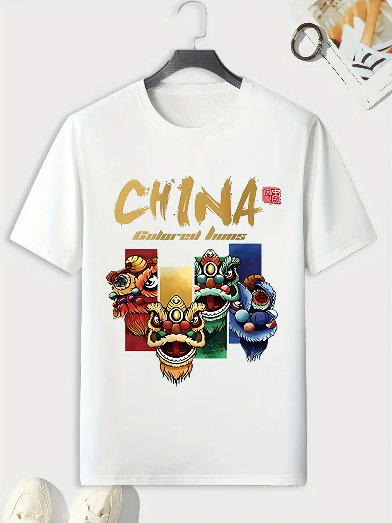 CHINA Lion Dance Print, Men's Graphic Design Crew Neck Novel T-shirt