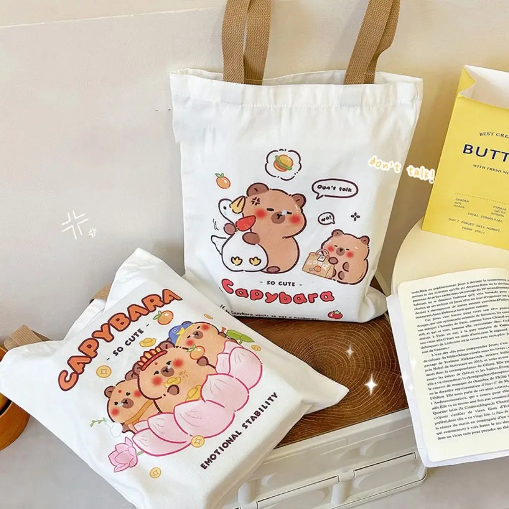 Kawaii Print Anime Cartoon Capybara Handbag Large-capacity Reusable Canvas Bag Durable Wear-resistant Shoulder Tote Bag Tablet